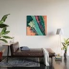 Wild [7]: a bold, colorful abstract mixed-media piece in teal, orange, neon blue, pink and white Wood Wall Art Gallery Image 2