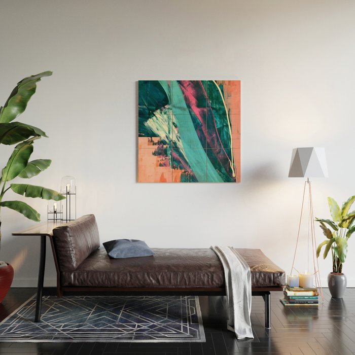 Wild [7]: a bold, colorful abstract mixed-media piece in teal, orange, neon blue, pink and white Wood Wall Art Gallery Image 2