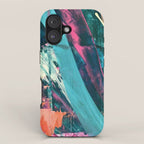 Wild [7]: a bold, colorful abstract mixed-media piece in teal, orange, neon blue, pink and white iPhone Case Gallery Image 1