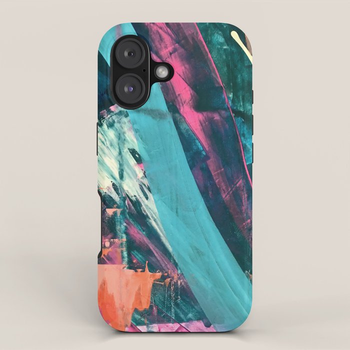Wild [7]: a bold, colorful abstract mixed-media piece in teal, orange, neon blue, pink and white iPhone Case Gallery Image 1