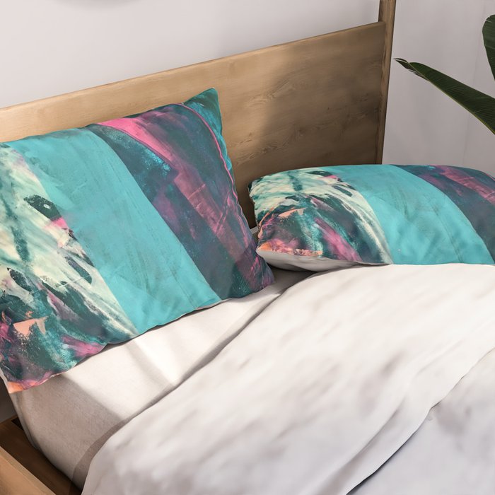 Wild [7]: a bold, colorful abstract mixed-media piece in teal, orange, neon blue, pink and white Pillow Sham Gallery Image 2