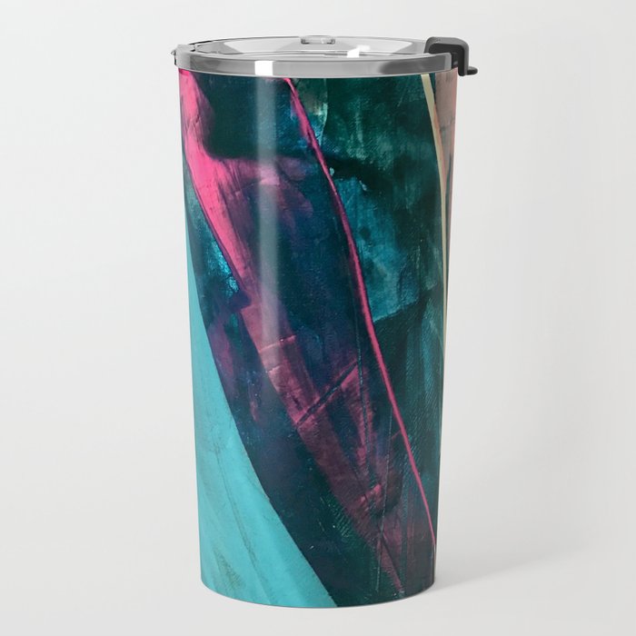 Wild [7]: a bold, colorful abstract mixed-media piece in teal, orange, neon blue, pink and white Travel Mug Gallery Image 2