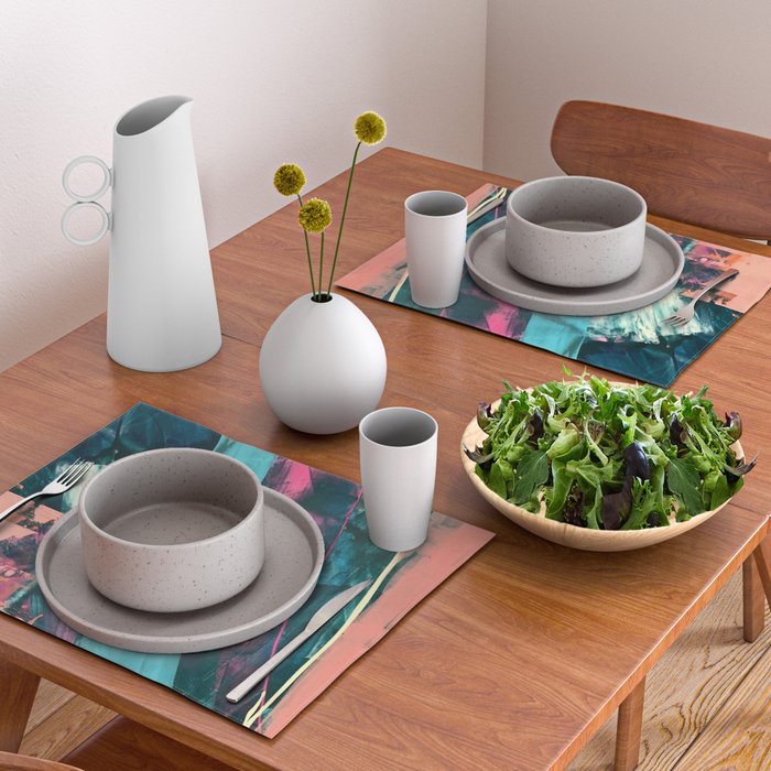 Wild [7]: a bold, colorful abstract mixed-media piece in teal, orange, neon blue, pink and white Placemat Gallery Image 2