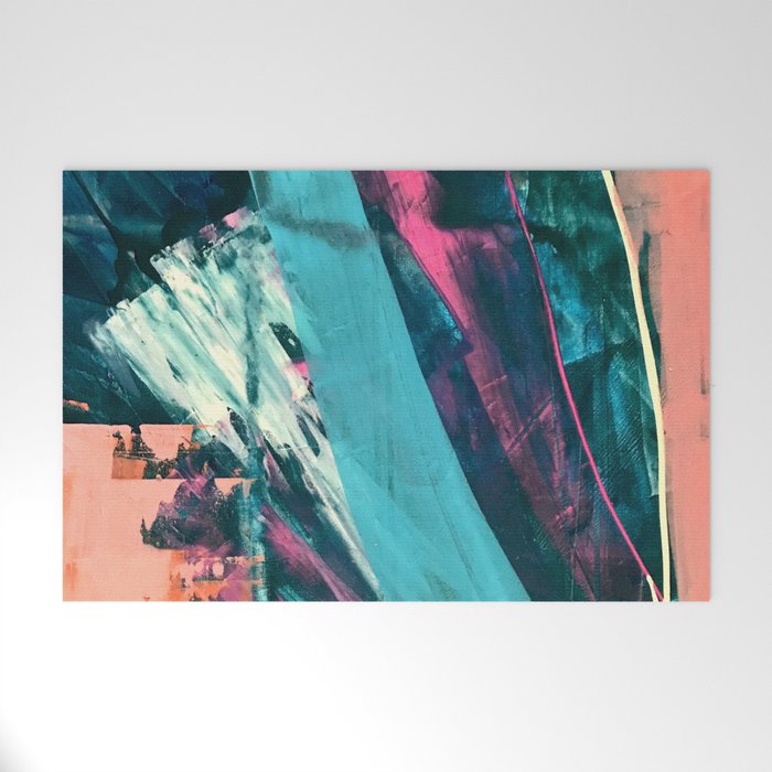 Wild [7]: a bold, colorful abstract mixed-media piece in teal, orange, neon blue, pink and white Welcome Mat Gallery Image 1
