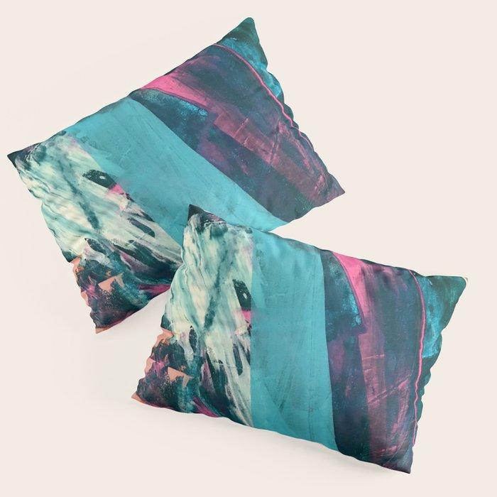 Wild [7]: a bold, colorful abstract mixed-media piece in teal, orange, neon blue, pink and white Pillow Sham Gallery Image 3