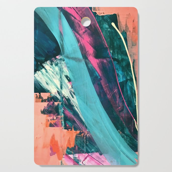 Wild [7]: a bold, colorful abstract mixed-media piece in teal, orange, neon blue, pink and white Cutting Board Gallery Image 1