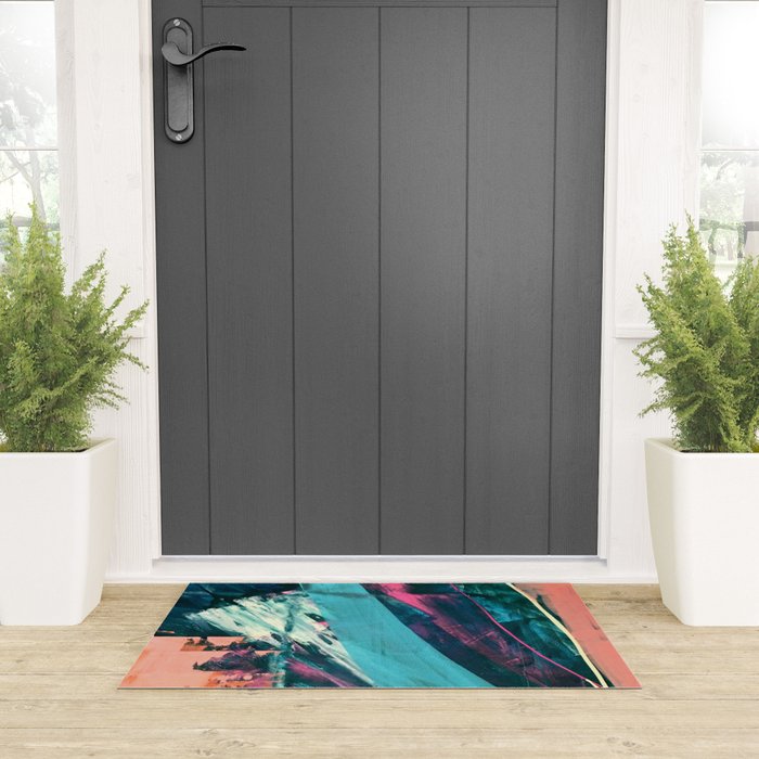 Wild [7]: a bold, colorful abstract mixed-media piece in teal, orange, neon blue, pink and white Welcome Mat Gallery Image 3