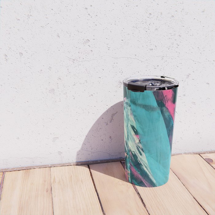 Wild [7]: a bold, colorful abstract mixed-media piece in teal, orange, neon blue, pink and white Travel Mug Gallery Image 4