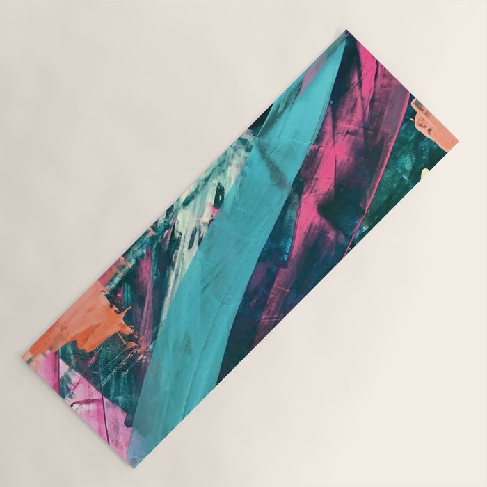 Wild [7]: a bold, colorful abstract mixed-media piece in teal, orange, neon blue, pink and white Yoga Mat Gallery Image 1