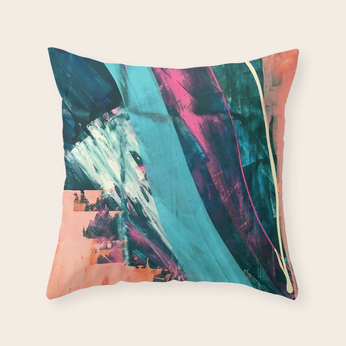 Wild [7]: a bold, colorful abstract mixed-media piece in teal, orange, neon blue, pink and white Throw Pillow Gallery Image 1