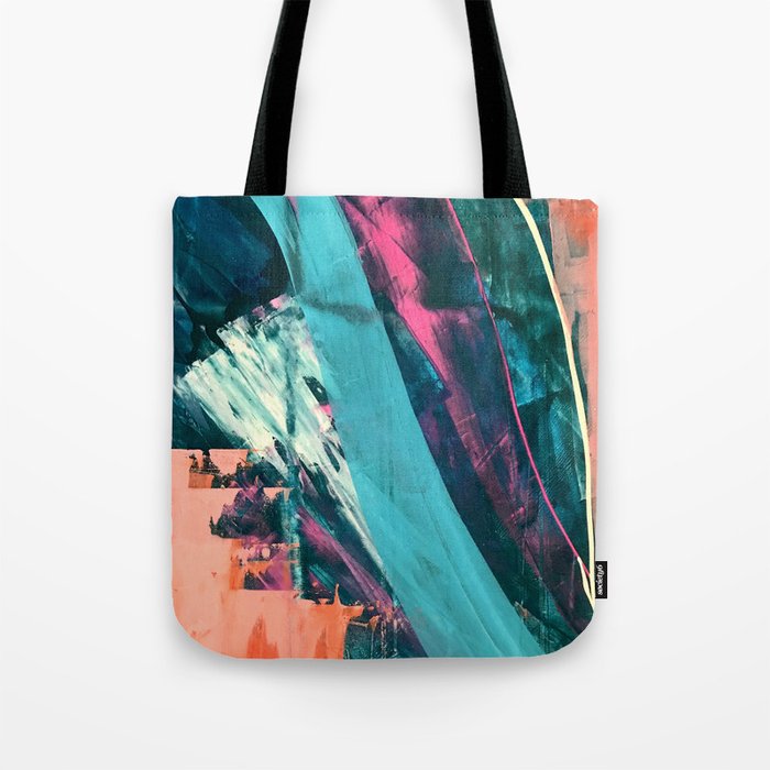 Wild [7]: a bold, colorful abstract mixed-media piece in teal, orange, neon blue, pink and white Tote Bag Gallery Image 1