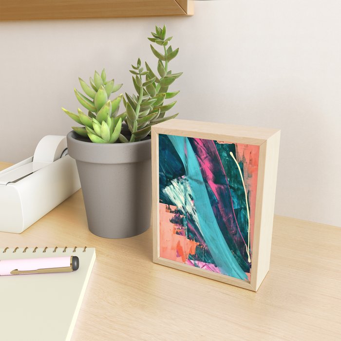 Wild [7]: a bold, colorful abstract mixed-media piece in teal, orange, neon blue, pink and white Mini Art Print Gallery Image 2