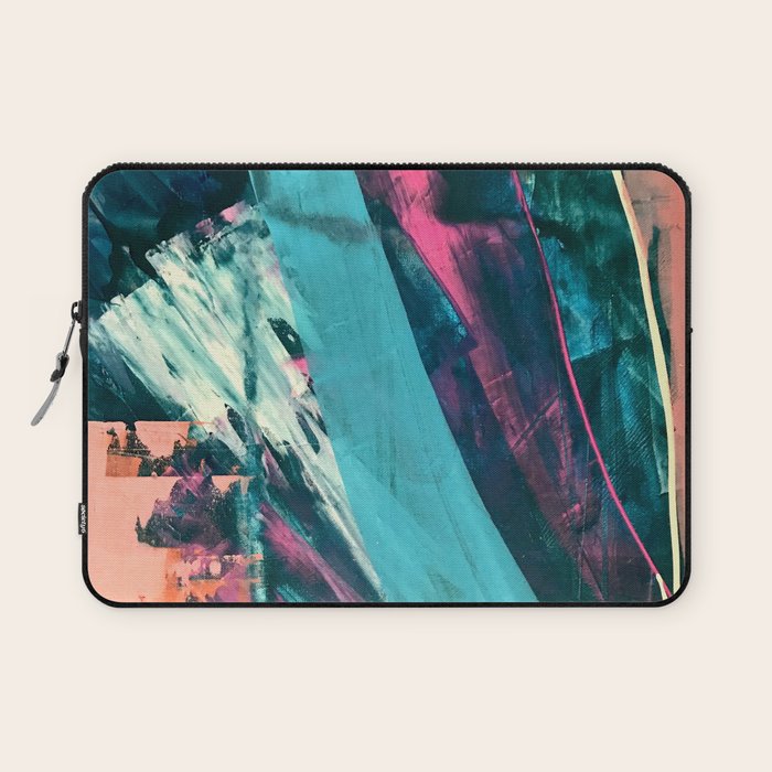 Wild [7]: a bold, colorful abstract mixed-media piece in teal, orange, neon blue, pink and white Laptop Sleeve Gallery Image 1