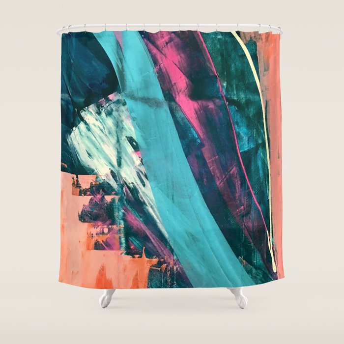 Wild [7]: a bold, colorful abstract mixed-media piece in teal, orange, neon blue, pink and white Shower Curtain Gallery Image 1