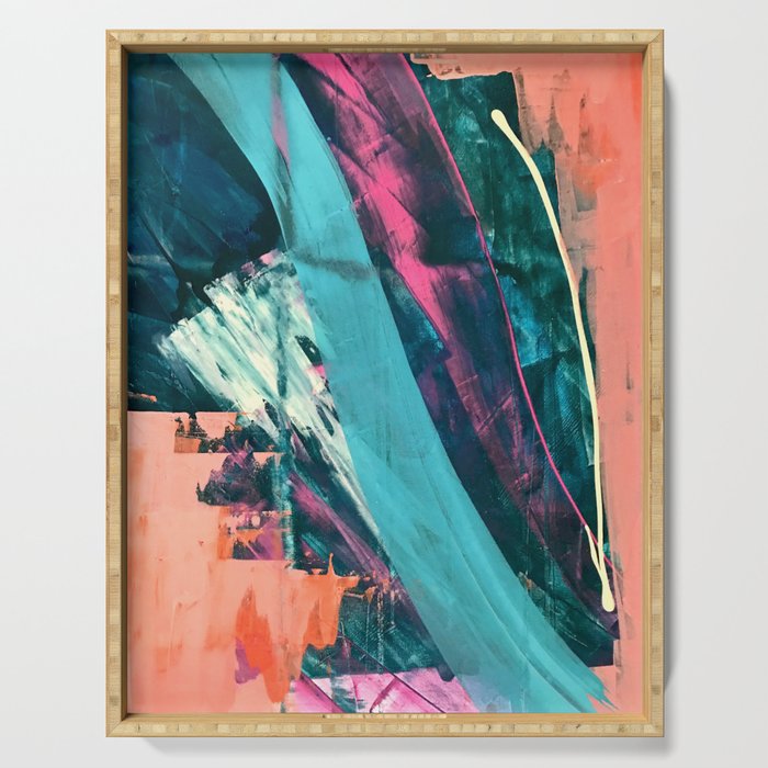 Wild [7]: a bold, colorful abstract mixed-media piece in teal, orange, neon blue, pink and white Serving Tray Gallery Image 1