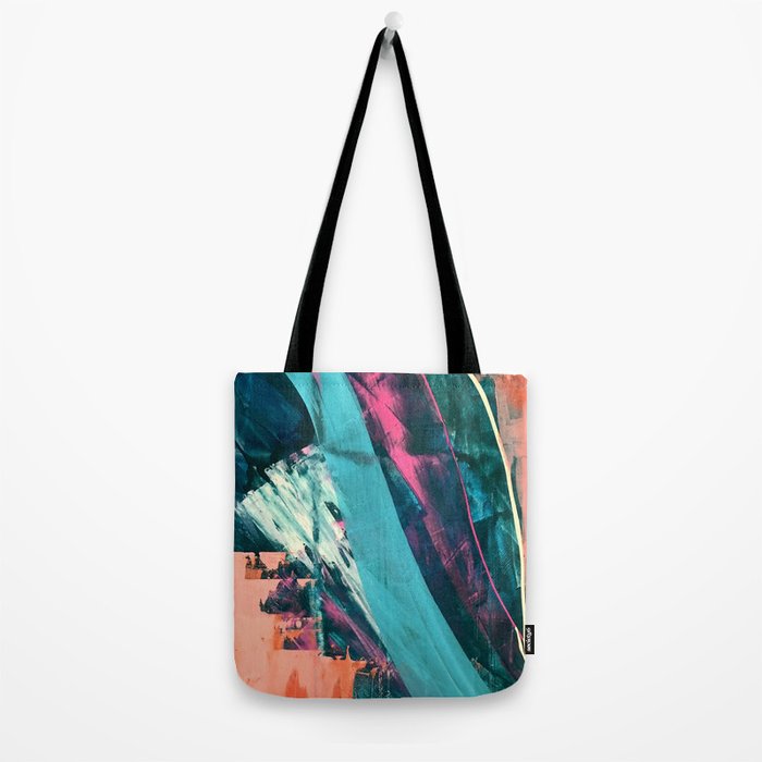 Wild [7]: a bold, colorful abstract mixed-media piece in teal, orange, neon blue, pink and white Tote Bag Gallery Image 2