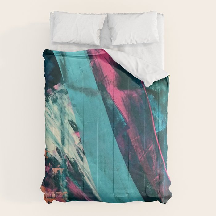 Wild [7]: a bold, colorful abstract mixed-media piece in teal, orange, neon blue, pink and white Comforter Gallery Image 6