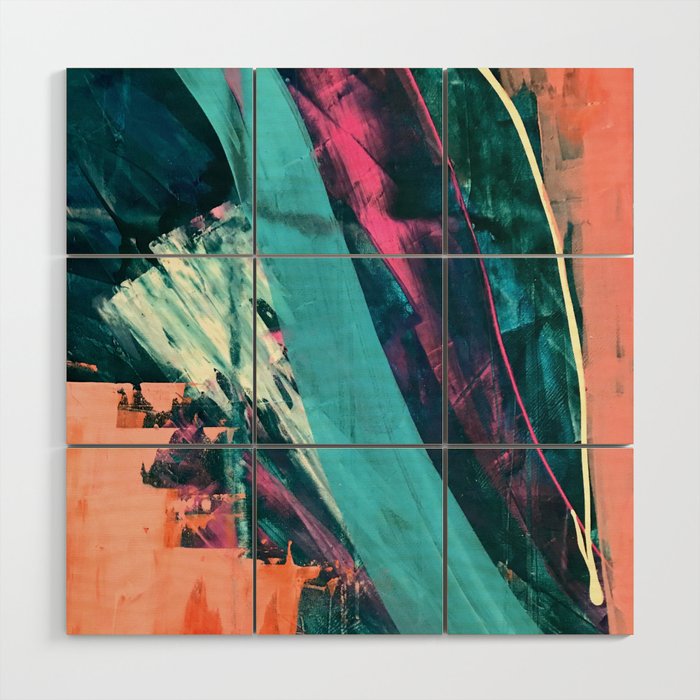 Wild [7]: a bold, colorful abstract mixed-media piece in teal, orange, neon blue, pink and white Wood Wall Art Gallery Image 1