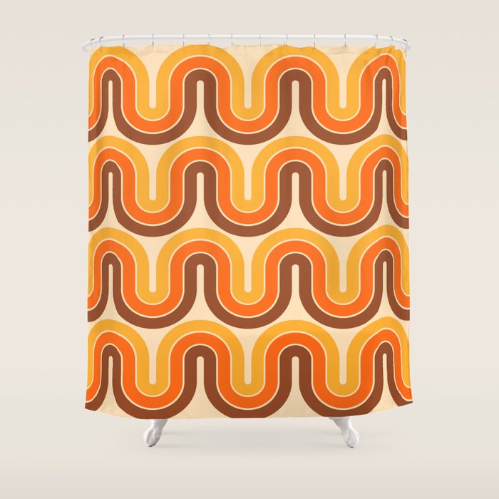 70s Retro Vintage Style Wave Pattern Autumn Brown Orange and Yellow Shower Curtain Gallery Image 1