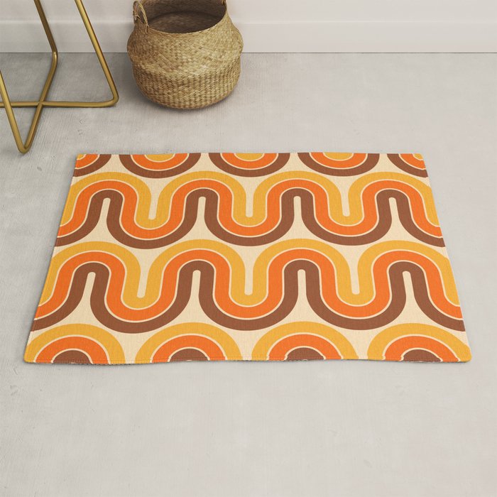 70s Retro Vintage Style Wave Pattern Autumn Brown Orange and Yellow Rug Gallery Image 1