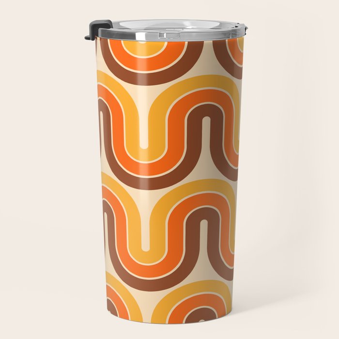 70s Retro Vintage Style Wave Pattern Autumn Brown Orange and Yellow Travel Mug Gallery Image 3