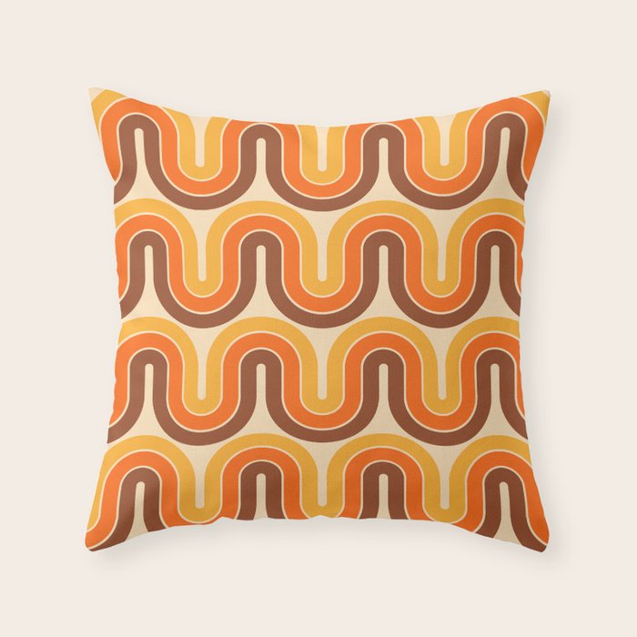 70s Retro Vintage Style Wave Pattern Autumn Brown Orange and Yellow Throw Pillow Gallery Image 1