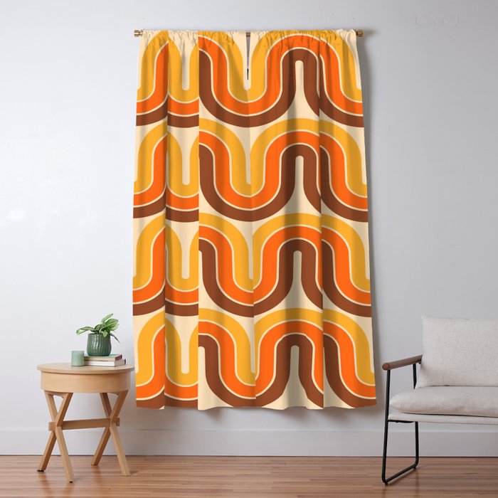 70s Retro Vintage Style Wave Pattern Autumn Brown Orange and Yellow Window Curtain Gallery Image 5