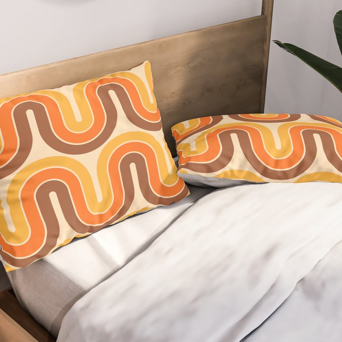 70s Retro Vintage Style Wave Pattern Autumn Brown Orange and Yellow Pillow Sham Gallery Image 2