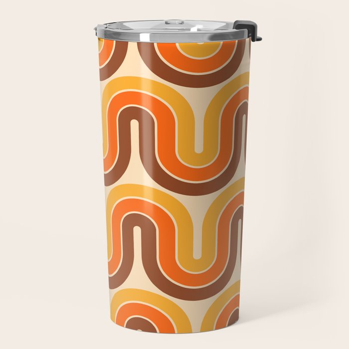70s Retro Vintage Style Wave Pattern Autumn Brown Orange and Yellow Travel Mug Gallery Image 2