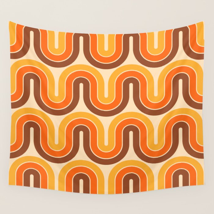 70s Retro Vintage Style Wave Pattern Autumn Brown Orange and Yellow Wall Tapestry Gallery Image 1