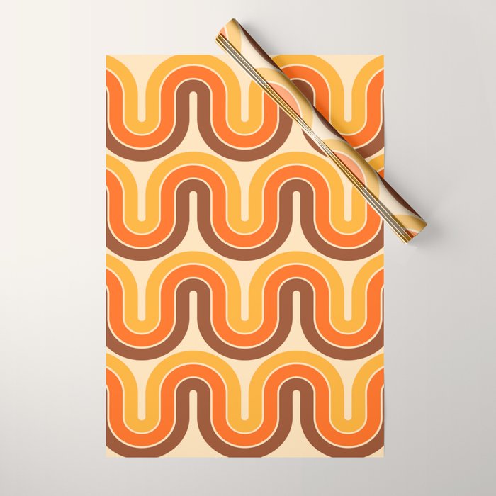 70s Retro Vintage Style Wave Pattern Autumn Brown Orange and Yellow Wrapping Paper Gallery Image 1