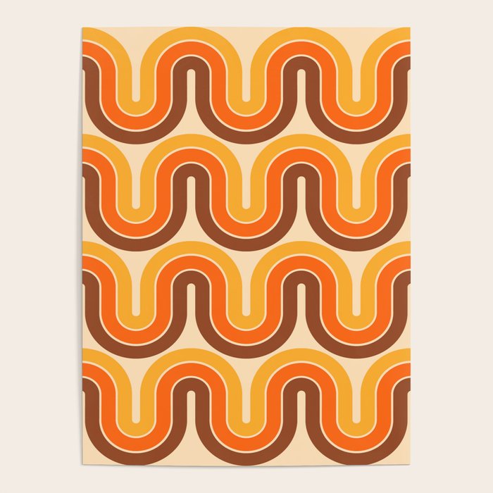 70s Retro Vintage Style Wave Pattern Autumn Brown Orange and Yellow Poster Gallery Image 1