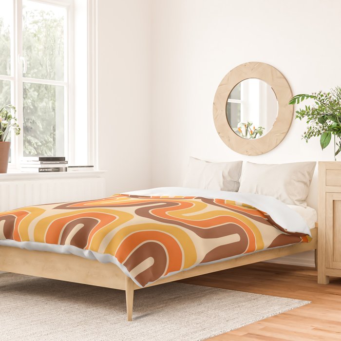 70s Retro Vintage Style Wave Pattern Autumn Brown Orange and Yellow Duvet Cover Gallery Image 2