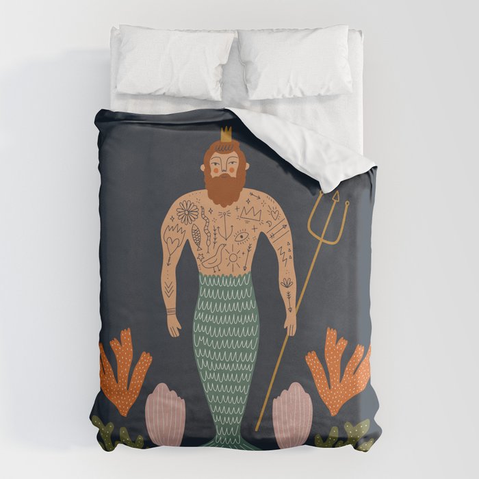 Hipster Mermaid Merman With Tattoos Poseidon King Of The Sea Midcentury Modern Cool Magical Mystical Abstract Art Bohemian Boho Style Trendy  Duvet Cover Gallery Image 1