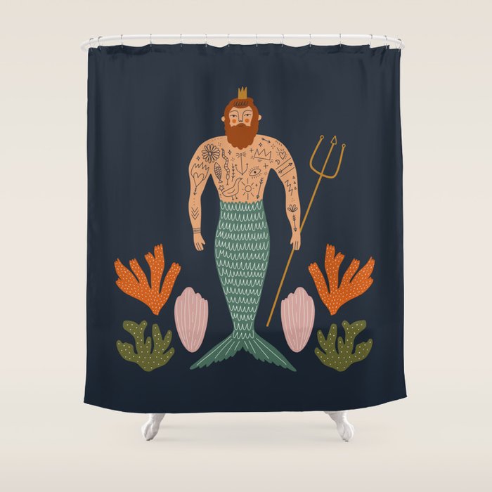 Hipster Mermaid Merman With Tattoos Poseidon King Of The Sea Midcentury Modern Cool Magical Mystical Abstract Art Bohemian Boho Style Trendy  Shower Curtain Gallery Image 1