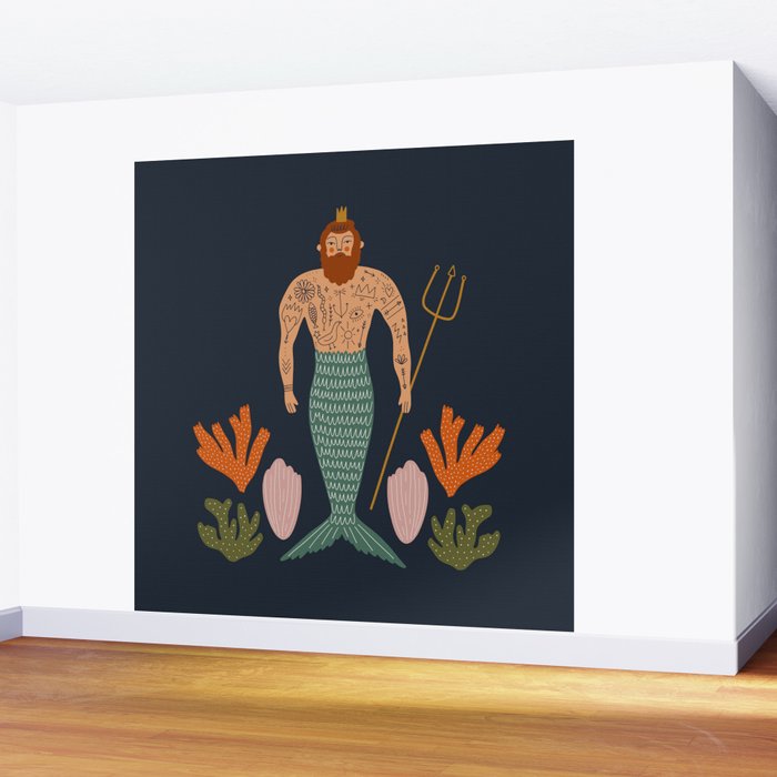 Hipster Mermaid Merman With Tattoos Poseidon King Of The Sea Midcentury Modern Cool Magical Mystical Abstract Art Bohemian Boho Style Trendy  Wall Mural Gallery Image 2