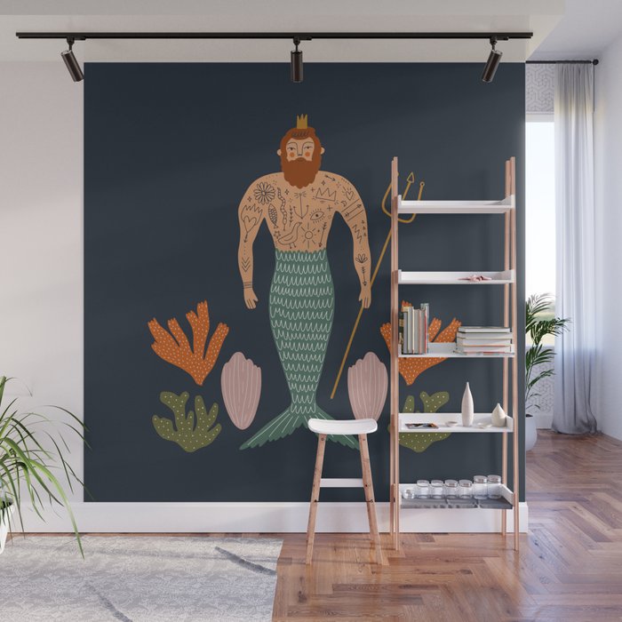 Hipster Mermaid Merman With Tattoos Poseidon King Of The Sea Midcentury Modern Cool Magical Mystical Abstract Art Bohemian Boho Style Trendy  Wall Mural Gallery Image 1