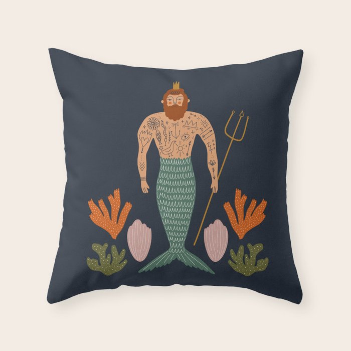 Hipster Mermaid Merman With Tattoos Poseidon King Of The Sea Midcentury Modern Cool Magical Mystical Abstract Art Bohemian Boho Style Trendy  Throw Pillow Gallery Image 6
