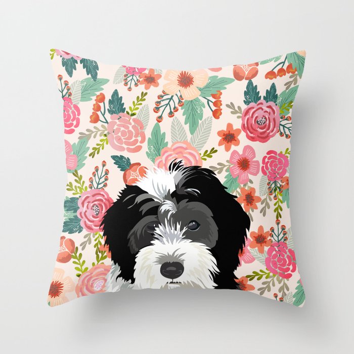 Bernedoodle floral pet portrait art print and dog gifts Throw Pillow Gallery Image 1