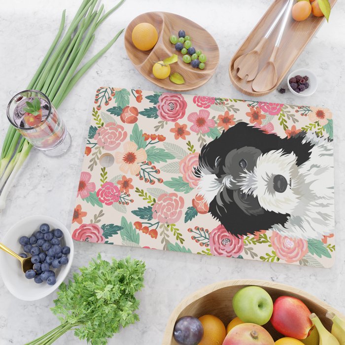 Bernedoodle floral pet portrait art print and dog gifts Cutting Board Gallery Image 2