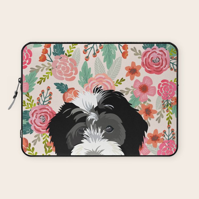 Bernedoodle floral pet portrait art print and dog gifts Laptop Sleeve Gallery Image 1