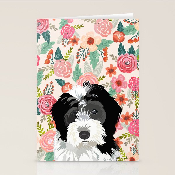 Bernedoodle floral pet portrait art print and dog gifts Stationery Card Gallery Image 1