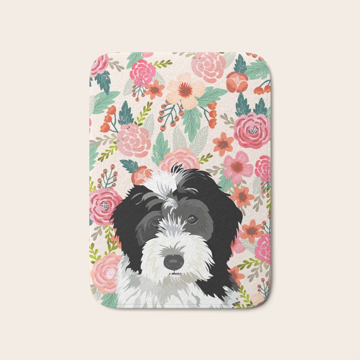 Bernedoodle floral pet portrait art print and dog gifts Bath Mat Gallery Image 1