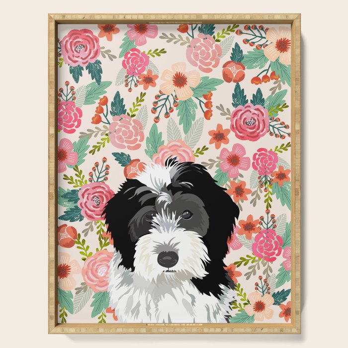 Bernedoodle floral pet portrait art print and dog gifts Serving Tray Gallery Image 1