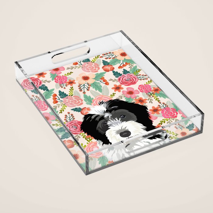 Bernedoodle floral pet portrait art print and dog gifts Acrylic Tray Gallery Image 1