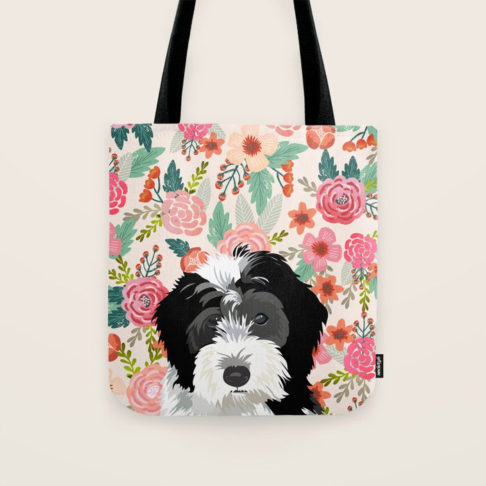 Bernedoodle floral pet portrait art print and dog gifts Tote Bag Gallery Image 1