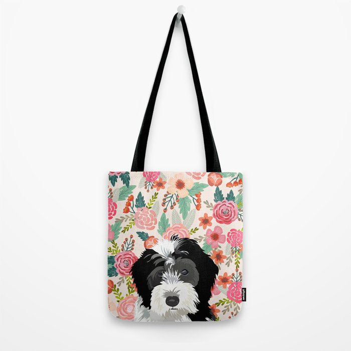 Bernedoodle floral pet portrait art print and dog gifts Tote Bag Gallery Image 2