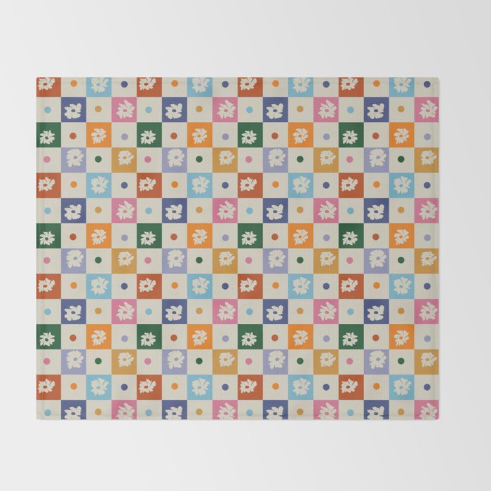 Retro floral checkerboard Throw Blanket Gallery Image 2