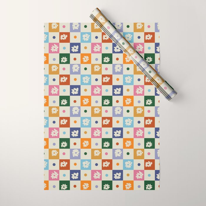 Retro floral checkerboard Wrapping Paper Gallery Image 1