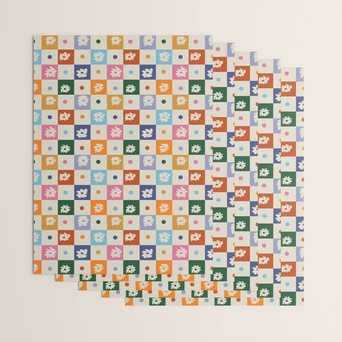Retro floral checkerboard Wrapping Paper Gallery Image 3